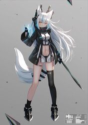  absurdres animal_ears asymmetrical_legwear barcode barcode_tattoo black_jacket black_legwear black_panties breasts center_opening dress electricity expressionless female fox_ears fox_girl fox_shadow_puppet fox_tail full_body gradient_background grey_background highres holding holding_sword holding_weapon jacket long_hair long_sleeves looking_at_viewer medium_breasts mirufuaa multicolored_hair navel open_clothes open_jacket orange_eyes original panties pelvic_curtain revealing_clothes shoes short_dress single_sock single_thighhigh socks solo stomach streaked_hair sword tail tattoo thighhighs thighs underwear uneven_legwear very_long_hair weapon white_dress white_hair 