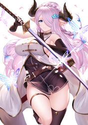  absurdres an_yasuri asymmetrical_gloves bangs bare_shoulders black_footwear black_gloves black_legwear blue_eyes blush braid breasts draph elbow_gloves female gloves granblue_fantasy hair_ornament hair_over_one_eye highres horns katana large_breasts lavender_hair long_hair looking_at_viewer low_tied_hair narmaya_(granblue_fantasy) pointy_ears simple_background single_braid single_thighhigh sleeveless smile solo sword thigh_strap thighhighs thighs weapon white_background 