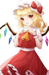  absurdres ascot bad_id bad_pixiv_id blonde_hair bow commentary cowboy_shot crystal female fingers_together flandre_scarlet frilled_skirt frills hair_between_eyes hat hat_bow highres looking_at_viewer medium_hair meoyo mob_cap one_side_up open_mouth orange_eyes red_bow red_skirt red_vest shirt short_sleeves simple_background skirt smile solo standing touhou vest white_background white_hat white_shirt wings wrist_cuffs yellow_ascot 