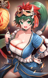  :d absurdres bandages blue_shirt blue_skirt blush breasts chest_sarashi cleavage collarbone commentary cowboy_shot female fire fire_emblem fire_emblem:_the_blazing_blade fire_emblem_heroes gonzarez green_eyes green_hair hand_on_own_hip hand_up highres holding huge_breasts long_hair looking_at_viewer lyn_(fire_emblem) lyn_(flame)_(fire_emblem) mask mask_on_head official_alternate_costume open_mouth ponytail sarashi shirt single-shoulder_shirt single_bare_shoulder single_sleeve skirt smile solo standing strapless tube_top very_long_hair 