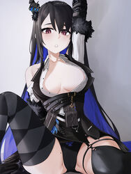  :o ameiarts asymmetrical_horns black_hair black_panties blue_hair breasts colored_inner_hair commentary demon_horns female hair_ornament highres hololive hololive_english horns large_breasts long_hair mole mole_on_thigh mole_under_eye multicolored_hair nerissa_ravencroft nerissa_ravencroft_(1st_costume) no_bra open_mouth panties red_eyes solo spread_legs thighhighs thighs two-tone_hair underwear uneven_horns virtual_youtuber 