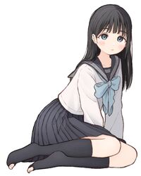  1ssakawaguchi akebi-chan_no_serafuku akebi_komichi arm_support black_hair black_skirt black_socks blue_bow blue_eyes blush bow bowtie expressionless female highres hole_in_sock kneehighs long_hair long_skirt long_sleeves looking_at_viewer neckerchief no_shoes on_floor pleated_skirt roubai_academy_school_uniform_(old) sailor_collar school_uniform serafuku shirt simple_background skirt socks solo torn_clothes torn_socks white_background white_shirt 