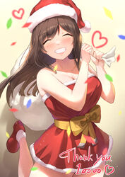  bare_shoulders blush bow breasts brown_hair christmas cleavage commentary_request dress eyebrows_hidden_by_hair female foot_up hat heart highres holding holding_sack idolmaster idolmaster_shiny_colors large_breasts long_hair milestone_celebration partial_commentary pepeo red_dress red_hat sack santa_costume santa_dress santa_hat shoes simple_background smile socks solo strapless strapless_dress tsukioka_kogane white_socks 