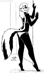  2018 anthro ass bikini black_and_white breasts clothed clothing ear_piercing ear_ring female fur grin hair kelly_o&#039;dor looking_back mammal mephitid monochrome piercing pinup pose ring_piercing skunk smile solo striped_skunk swimwear tail tegerio zandar&#039;s_saga 