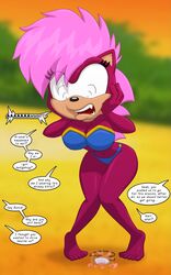  5:8 after_transformation anthro beach big_breasts breasts clothing eulipotyphlan female freaking_out hair hand_on_face hedgehog hi_res looking_down mammal maroon_body open_mouth pink_hair runningtoaster screaming seaside sega solo sonia_the_hedgehog sonic_the_hedgehog_(series) sonic_underground swimwear teeth_showing 