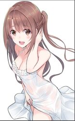  :d blush breasts brown_eyes brown_hair cleavage collarbone cowboy_shot dot_nose dress female holding holding_own_hair idolmaster idolmaster_cinderella_girls large_breasts long_hair looking_at_viewer see-through shimamura_uzuki simple_background smile solo sundress u_rin white_background 