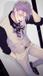  1boy a_jou arm_up black_footwear black_shirt candy collared_shirt dress_shirt feet_out_of_frame food formal hair_between_eyes hand_in_pocket highres kuroko_no_basuke leg_up lollipop looking_at_viewer male_focus mouth_hold murasakibara_atsushi necktie open_mouth pants purple_eyes purple_hair purple_necktie shirt shoes short_hair sleeves_rolled_up solo teeth_hold vest white_background white_pants white_vest 