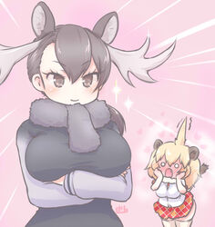  2girls :3 alternate_hairstyle animal_ears antlers big_hair blonde_hair blush brown_eyes brown_hair brown_scarf brown_sweater commentary_request crossed_arms extra_ears fur_collar horns kemono_friends lion_(kemono_friends) lion_ears lion_girl lion_tail long_hair long_sleeves moose_(kemono_friends) moose_antlers moose_ears moose_girl multiple_girls necktie oerba_yun_fang plaid plaid_necktie plaid_skirt plaid_trim pleated_skirt red_necktie red_skirt scarf shirt short_hair short_sleeves skirt sweater tail thighhighs uho_(uhoyoshi-o) white_legwear white_shirt zettai_ryouiki 