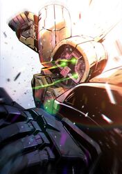  asshimar battle clenched_hand close-up damaged debris extra_eyes glowing glowing_eyes green_eyes gundam highres kuri_giepi mecha mobile_suit motion_blur no_humans punching robot science_fiction solo zeta_gundam 