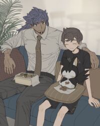  2boys absurdres age_difference bento commentary_request couch dark-skinned_male dark_skin dress_shirt eating emolga highres leon_(pokemon) looking_at_another male_focus mmm3sushi multiple_boys muscular muscular_male necktie onii-shota pokemon pokemon_(creature) pokemon_swsh purple_hair shirt short_hair sitting smile victor_(pokemon) yaoi 