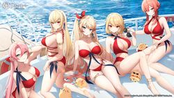  5girls :o alternate_costume anklet arm_up ass azur_lane bandeau bare_arms bare_legs bare_shoulders barefoot bikini blonde_hair blue_eyes blue_ribbon bracelet breasts caustics cleavage closed_mouth commentary_request copyright_name day duke_of_york_(azur_lane) feet_out_of_frame green_eyes hair_between_eyes hair_bun hair_ribbon holding holding_removed_eyewear howe_(azur_lane) innertube jewelry king_george_v_(azur_lane) kneeling large_breasts looking_at_viewer looking_up manjuu_(azur_lane) monarch_(azur_lane) multiple_girls navel o-ring o-ring_bikini official_art one-piece_swimsuit outdoors parted_lips pink_eyes pointy_ears ponytail prince_of_wales_(azur_lane) rainbow red_bikini red_eyes red_hair red_one-piece_swimsuit red_ribbon ribbon second-party_source shadow ship ship_deck short_hair side-tie_bikini_bottom side_ponytail sidelocks sitting smile snow_is stomach strapless strapless_bikini string_bikini sunglasses sunlight swept_bangs swim_ring swimsuit thighlet thighs tinted_eyewear underbutt unworn_eyewear water watercraft 