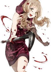  2554nnko absurdres blonde_hair blood blood_on_face blood_splatter blunt_bangs blush crowbar female happy highres holding holding_crowbar holding_weapon long_hair looking_at_viewer low_twintails open_mouth red_riding_hood_(sinoalice) simple_background sinoalice solo twintails wavy_hair weapon white_background yellow_eyes 