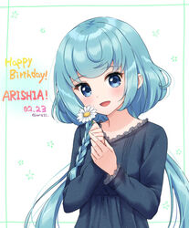  :d aikatsu!_(series) aikatsu_friends! aikatsu_on_parade! alicia_charlotte bad_id bad_pixiv_id black_dress blue_eyes blue_hair blush braid character_name commentary_request dated dress female floral_background flower frilled_dress frills happy_birthday head_tilt holding holding_flower long_hair long_sleeves looking_at_viewer low_twintails open_mouth smile solo twintails twitter_username upper_body very_long_hair white_background white_flower yumoran 