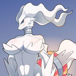  1:1 anthro big_breasts blue_eyes blue_sclera blush breasts butter_sugoi female fur game_freak generation_5_pokemon hair legendary_pokemon looking_at_viewer nintendo pokemon pokemon_(species) pseudo_clothing reshiram solo white_body white_breasts white_fur white_hair 