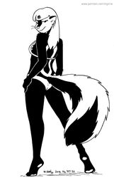  2018 anthro ass bikini black_and_white breasts clothed clothing ear_piercing ear_ring feet female fur hair kelly_o&#039;dor looking_back mammal mephitid monochrome narrowed_eyes pawpads piercing pinup pose rear_view ring_piercing skunk solo striped_skunk swimwear tail tegerio whiskers zandar&#039;s_saga 