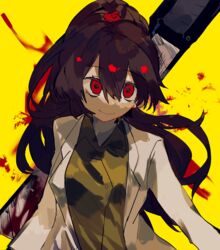  blood boxcutter breasts brown_hair carmen_(project_moon) chinese_commentary closed_mouth coat collared_shirt commentary female green_shirt he_(minty) high_ponytail highres lobotomy_corporation long_hair long_sleeves medium_breasts project_moon red_eyes shirt sidelocks simple_background smile solo very_long_hair white_coat yellow_background 