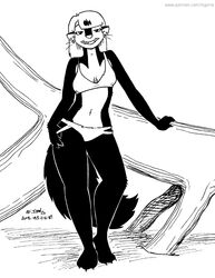  2018 anthro bikini black_and_white breasts clothed clothing ear_piercing ear_ring female fur hair kelly_o&#039;dor looking_at_viewer mammal mephitid monochrome navel open_mouth piercing plant ring_piercing skunk solo striped_skunk swimwear tail tegerio tree whiskers zandar&#039;s_saga 