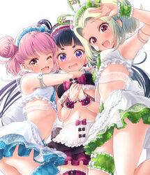  3girls ;d apron arms_around_neck asymmetrical_legwear bare_shoulders black_hair blunt_bangs blush bow breasts bridal_garter commentary crop_top double_bun earrings embarrassed frilled_skirt frills girl_sandwich green_hair hair_bun hair_intakes hairbow hand_up headdress heart heart_earrings highres jewelry kiracchu_(pri_chan) kiratto_pri_chan long_hair looking_at_viewer maid_headdress melpan_(pri_chan) miniskirt multiple_girls navel one_eye_closed open_mouth pink_hair pretty_series purple_eyes rabbily_(kiratto_pri_chan) red_eyes sandwiched short_eyebrows short_hair simple_background skirt small_breasts smile standing star-shaped_pupils star_(symbol) summer_maid_coord symbol-only_commentary symbol-shaped_pupils teeth thick_eyebrows thigh_strap thighs tokunou_shoutarou uneven_legwear waist_apron white_background wrist_cuffs wristband yellow_eyes 