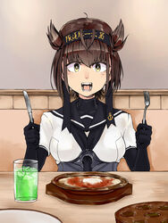  black_bodysuit black_headband black_neckerchief black_sailor_collar bodysuit breasts brown_hair commentary_request cup doria_(food) female food fork hachimaki hair_between_eyes hair_flaps hatsuzuki_(kancolle) headband holding holding_fork kantai_collection kurou_(bcrow) medium_breasts neckerchief open_mouth restaurant sailor_collar saizeriya sitting solo upper_body yellow_eyes 