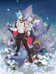  2boys abs absurdres animal_ears bara bare_pectorals biting_shoulder black_gloves black_sclera blood blue_eyes blue_hair colored_sclera commission dorsal_fin fingerless_gloves flower full_body furry furry_male furry_with_furry glasses gloves glowing glowing_eyes hand_on_another&#039;s_hand highres large_hands large_pectorals male_focus multicolored_hair multiple_boys muscular muscular_male no_nipples original pectorals pink_hair qwer77kai scar scar_on_arm scar_on_chest scarred_shark shark_boy short_hair size_difference stomach tail thick_thighs thighs two-tone_hair white_flower wolf_boy wolf_ears wolf_tail yaoi 