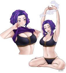  ;o absurdres adjusting_clothes adjusting_shirt armpits arms_up artist_name bare_legs bare_shoulders barefoot black_panties black_sports_bra boku_no_hero_academia breasts cleavage dismaiden feet female highres lady_nagant legs linea_alba looking_at_viewer looking_to_the_side multicolored_hair multiple_views navel one_eye_closed open_mouth panties parted_lips pink_hair purple_eyes purple_hair purple_shirt shirt short_hair sitting sleeveless sleeveless_shirt smoke sports_bra stomach stretching tears thighs toenails toes two-tone_hair under_armour underwear white_background yawning zipper 