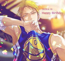  1boy a_jou arm_up bare_shoulders basketball_jersey basketball_uniform blonde_hair blue_shirt closed_mouth confetti dated ear_piercing golden_state_warriors happy_birthday kise_ryouta kuroko_no_basuke male_focus national_basketball_association piercing shirt short_hair sleeveless sleeveless_shirt smile solo sportswear tsurime upper_body yellow_eyes 