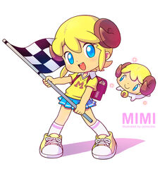  2girls backpack bag blonde_hair blue_eyes blush character_name checkered_flag chibi comiccho dual_persona flag human_head humanization multiple_girls open_mouth original pleated_skirt sidelocks skirt smile uniform white_background 