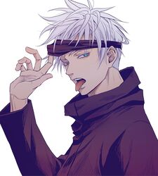  1boy a_jou black_jacket blindfold blindfold_lift blue_eyes gojou_satoru hand_up high_collar jacket jujutsu_kaisen long_sleeves looking_at_viewer male_focus open_mouth short_hair simple_background solo teeth tongue tongue_out upper_body white_background white_hair 