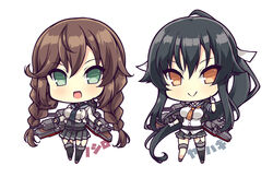  2girls akikaze_tsumuji black_hair black_jacket black_skirt braid brown_eyes brown_hair cannon chibi dress_shirt garter_straps gloves green_eyes jacket kantai_collection long_hair long_sleeves multiple_girls noshiro_(kancolle) noshiro_kai_ni_(kancolle) pleated_skirt ponytail rigging sailor_collar sailor_shirt shirt sidelocks single_thighhigh skirt swept_bangs thighhighs turret twin_braids white_gloves white_shirt yahagi_(kancolle) yahagi_kai_ni_(kancolle) 