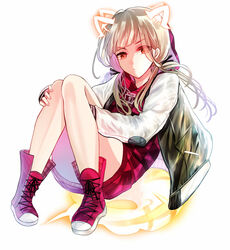  blonde_hair closed_mouth female full_body hair_between_eyes highres jacket letterman_jacket long_hair looking_at_viewer reality_arc_(sinoalice) red_eyes red_footwear red_jacket red_riding_hood_(sinoalice) shoes simple_background sinoalice sneakers solo towada-san_(thank39) twintails v-shaped_eyebrows white_background 