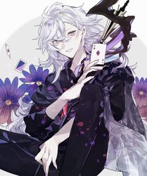  1boy ace_(playing_card) ace_of_diamonds bad_anatomy bishounen black_pants black_shirt card diamond_(shape) fate/grand_order fate_(series) flower grey_scarf highres long_hair long_sleeves male_focus merlin_(camelot_&amp;_co)_(fate) merlin_(fate) messy_hair misato_karuha multicolored_background pants playing_card purple_background purple_eyes scarf shirt white_background white_hair 