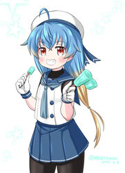  ahoge black_pantyhose blonde_hair blue_hair blue_neckerchief blue_sailor_collar blue_skirt commentary_request cowboy_shot double_popsicle female food foreshortening gloves gradient_hair grin hat holding holding_food kantai_collection long_hair looking_at_viewer masara_(chuujou) multicolored_hair neckerchief oerba_yun_fang pantyhose pleated_skirt popsicle red_eyes sado_(kancolle) sailor_collar sailor_hat school_uniform serafuku shirt simple_background skin_fang skirt sleeveless sleeveless_shirt smile solo undershirt unequal_popsicle_division white_background white_gloves white_hat 