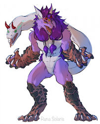  2022 4_fingers anthro digital_media_(artwork) dragon fingers hair hi_res living_tail male mythological_creature mythological_scalie mythology nude open_mouth purple_hair reptile runasolaris scalie simple_background snake solo standing tail teeth tongue unusual_anatomy unusual_tail white_background 