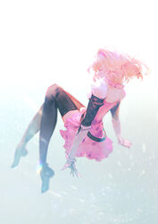  belt blonde_hair boots breasts closed_eyes commentary djeeta_(granblue_fantasy) dress female fighter_(granblue_fantasy) full_body gauntlets gradient_background granblue_fantasy hairband long_hair pink_dress puffy_sleeves short_dress simple_background solo thigh_boots thighhighs vienri zettai_ryouiki 