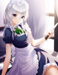  absurdres apron bad_id bad_pixiv_id bed black_dress blue_eyes bow bowtie braid breasts closed_mouth commentary curtains dress female green_bow green_bowtie hair_between_eyes hairbow highres holding holding_knife indoors izayoi_sakuya knife large_breasts looking_at_viewer maid maid_headdress medium_hair meoyo on_bed pillow puffy_short_sleeves puffy_sleeves short_sleeves side_braids sitting smile solo touhou twin_braids waist_apron white_apron white_hair white_headdress 