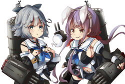  2girls :&lt; :3 alternate_eye_color animal_ears belt black_gloves black_serafuku black_thighhighs blue_neckerchief breasts cannon commentary cosplay detached_sleeves elbow_gloves expressionless fingerless_gloves gloves green_eyes grey_hair hair_ornament hair_ribbon hairband hairclip hands_on_own_chest highres kantai_collection kawakaze_(kancolle) kawakaze_(kancolle)_(cosplay) konpaku_youmu konpaku_youmu_(ghost) large_breasts light_purple_hair long_hair looking_at_viewer medium_breasts microskirt multiple_girls navel neckerchief pegashi pleated_skirt rabbit_ears reisen_udongein_inaba ribbon rigging sailor_collar school_uniform serafuku short_hair sideboob sidelocks simple_background skirt smirk thighhighs touhou upper_body very_long_hair white_background white_sailor_collar yamakaze_(kancolle) yamakaze_(kancolle)_(cosplay) yellow_eyes zettai_ryouiki 