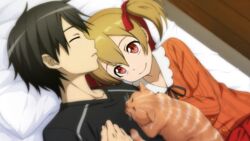  1boy bed black_hair brown_hair closed_eyes feline female game_cg hair_ornament highres indoors kirito lying non-web_source official_art on_back pillow red_eyes short_twintails silica sword_art_online sword_art_online:_hollow_fragment twintails 