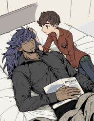  2boys absurdres age_difference brown_hair commentary_request dark-skinned_male dark_skin facial_hair hands_on_another&#039;s_head highres indoors leon_(pokemon) long_sleeves male_focus mmm3sushi multiple_boys muscular muscular_male onii-shota pants pokemon pokemon_swsh purple_hair short_hair sleeping victor_(pokemon) yaoi 