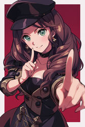  asada_hachi bangs banned_artist black_headwear black_jacket blush breasts brown_hair buttons cleavage dorothea_arnault double-breasted earrings female fire_emblem fire_emblem:_three_houses garreg_mach_monastery_uniform green_eyes grin hat highres index_finger_raised jacket jewelry koi_dance large_breasts long_hair long_sleeves looking_at_viewer peaked_cap smile solo wavy_hair 