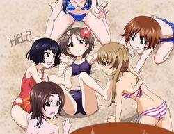  6+girls armpits ass beach bikini black_bikini black_hair blonde_hair blue_bikini blue_eyes blue_hair blush breasts brown_eyes brown_hair closed_mouth collarbone commentary_request girls_und_panzer grin highres key_(gaigaigai123) looking_at_viewer looking_back lying maruyama_saki multiple_girls navel on_back one-piece_swimsuit oono_aya open_mouth red_one-piece_swimsuit red_stripes sakaguchi_karina sawa_azusa short_hair side-tie_bikini_bottom sitting small_breasts smile striped_bikini striped_clothes swimsuit tongue tongue_out twintails utsugi_yuuki yamagou_ayumi 