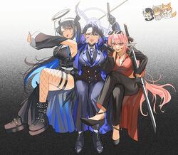  6+girls asymmetrical_horns bare_shoulders black_hair black_suit blue_eyes blue_hair breasts business_suit colored_inner_hair commentary crossed_legs demon_horns fishnet_thighhighs fishnets formal hair_intakes hair_ornament hololive hololive_english horns kamippoina_(vocaloid) large_breasts long_hair looking_at_viewer mafia_(vocaloid) mole mole_under_eye mori_calliope multicolored_hair multiple_girls nanashi_mumei nanashi_mumei_(casual) necktie nerissa_ravencroft nun official_alternate_costume official_alternate_hairstyle ouro_kronii pant_suit pants pink_eyes pink_hair q_(hololive) red_eyes set7 shiori_novella short_hair single_thighhigh smile suit symbol-only_commentary takanashi_kiara takanashi_kiara_(casual) thigh_strap thighhighs two-tone_hair uneven_horns virtual_youtuber 