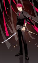  1boy a_jou akashi_seijuurou belt black_background black_belt black_footwear black_jacket black_pants black_shirt black_suit black_vest closed_mouth collared_shirt dress_shirt formal full_body highres holding holding_sheath holding_sword holding_weapon jacket jacket_on_shoulders katana kuroko_no_basuke looking_away male_focus necktie pants red_eyes red_hair red_necktie scabbard sheath shirt shoes short_hair sleeves_rolled_up solo suit sword vest watch weapon wristwatch 