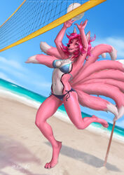  2020 4_toes 5_fingers anthro back-tie_bikini back-tie_clothing back-tie_swimwear beach bikini blue_bikini blue_clothing blue_swimwear breasts canid canine clothed clothing day detailed_background digital_media_(artwork) digitigrade etskuni eyebrows eyelashes feet female fingers fox fur hi_res lips mammal midriff multi_tail navel open_mouth outside pink_body pink_fur sand seaside shoreline side-tie_bikini side-tie_clothing side-tie_swimwear skimpy sky smile solo string_bikini swimwear tail teeth toes tongue triangle_bikini water 