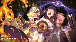  1boy 4girls absurdres aether_(genshin_impact) bare_shoulders blonde_hair blue_eyes blue_hair braid braided_hair_rings cooking crying_aqua_(meme) earrings fire genshin_impact gloves hair_ornament hair_rings halo han-0v0 hand_on_another&#039;s_face highres indoors japanese_clothes jewelry long_hair meme multiple_girls open_mouth paimon_(genshin_impact) pink_hair purple_eyes purple_hair raiden_shogun short_hair single_earring sweatdrop white_footwear white_hair xiangling_(genshin_impact) yae_miko yellow_eyes 