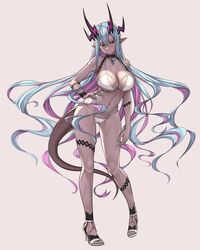  amiba_(nerdamiba) bikini black_choker breasts choker collarbone colored_eyelashes contrapposto dark-skinned_female dark_skin dragon_horns dragon_tail earrings fate/grand_order fate_(series) female fingernails full_body hair_between_eyes hand_on_own_hip high_heels highres horns ibuki_douji_(fate) jewelry large_breasts long_hair looking_at_viewer magatama multicolored_hair nail_polish navel parted_lips pointy_ears red_eyes sandals sidelocks simple_background smile solo swimsuit tail thigh_strap toeless_footwear toenail_polish toenails two-tone_hair very_long_hair 