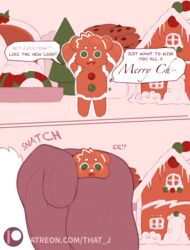  ambiguous_gender anthro bear character_in_hand christmas clothing cookie dialogue digital_media_(artwork) english_text food food_creature gingerbread gingerbread_house handwear hi_res holding_character holidays interrupted_speech larger_ambiguous mammal mittens mostly_offscreen_character santa_claus size_difference smaller_ambiguous talking_to_viewer text that_j uhoh url 