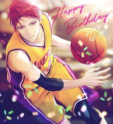  1boy a_jou akashi_seijuurou ball basketball basketball_(object) basketball_jersey basketball_uniform confetti cosplay cowboy_shot dated happy_birthday kobe_bryant kobe_bryant_(cosplay) kuroko_no_basuke light_smile looking_at_viewer los_angeles_lakers male_focus national_basketball_association purple_shirt purple_shorts red_eyes red_hair shirt short_hair shorts sleeveless sleeveless_shirt smile solo sportswear tsurime two-tone_shirt two-tone_shorts yellow_shirt yellow_shorts 