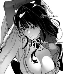  arm_up armor breasts cleavage eyelashes female genshin_impact greyscale hair_between_eyes japanese_armor japanese_clothes large_breasts long_hair looking_at_viewer mole mole_under_eye monochrome raiden_shogun simple_background solo togi9999 twitter_username upper_body wide_sleeves 