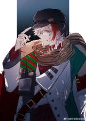  1boy arknights bishounen brown_scarf chinese_commentary coat commentary_request elysium_(arknights) elysium_(snowy_echo)_(arknights) feather_hair fur_trim glasses hand_up hat highres index_finger_raised male_focus multicolored_hair official_alternate_costume open_clothes red_eyes red_hair scarf semi-rimless_eyewear senye_yeyeyeyeye short_hair smile solo standing streaked_hair upper_body walkie-talkie weibo_watermark white_coat white_hair 