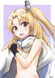  azur_lane bad_id bad_pixiv_id bare_shoulders blonde_hair blush breasts cape cleavage cleveland_(azur_lane) commentary female flying_sweatdrops hair_ornament head_tilt highres long_hair looking_at_viewer naked_cape nayuhi_(yukimuu14) oerba_yun_fang one_side_up open_mouth parted_bangs purple_background red_eyes signature small_breasts solo two-tone_background upper_body v-shaped_eyebrows very_long_hair white_background white_cape 